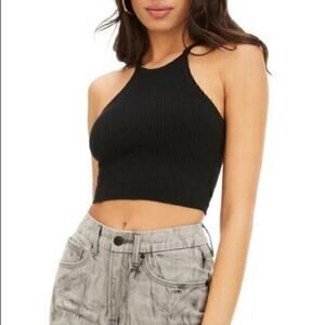 Good American Solid Black Cropped Ribbed Knit Sleeveless Sweater Tank Top L/XL